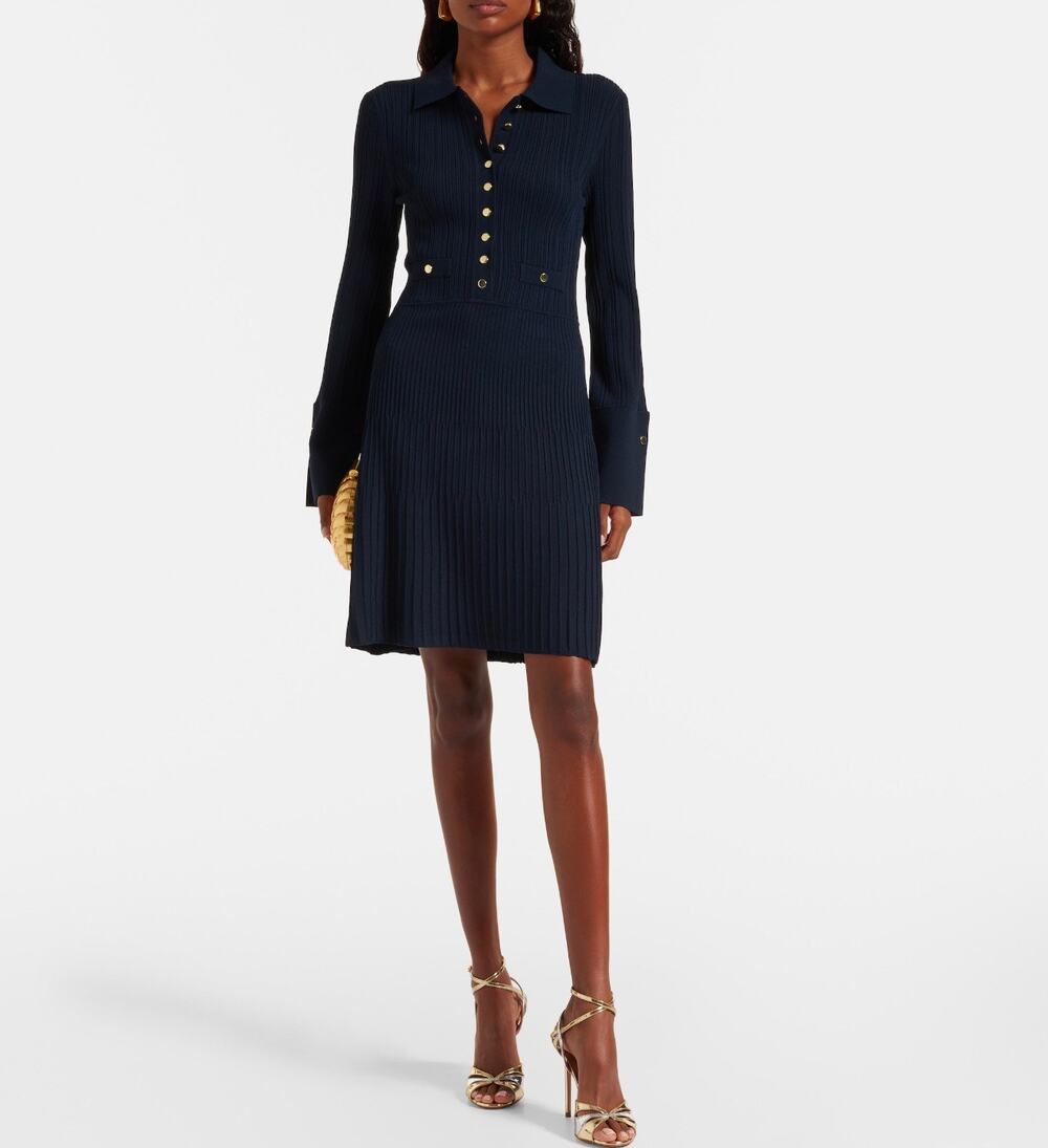 Veronica Beard Lauper Rib Knit Mini Dress Navy XS Gold Button Collared